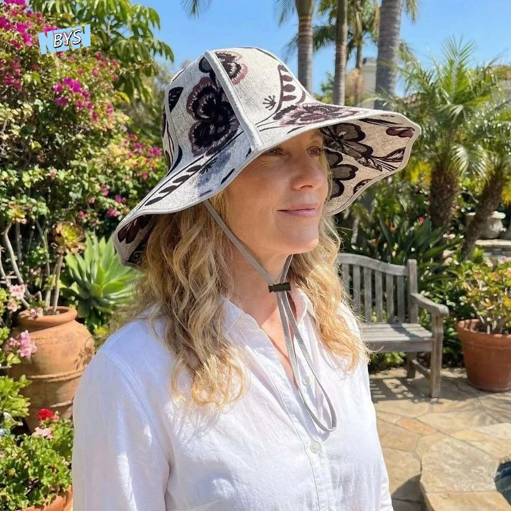 

Breathable Foldable Sunshade Hat Adjustable Drawstring Large Brimmed Fisherman Hat UV Protection Linen Cloth Wide Brim Sun Cap