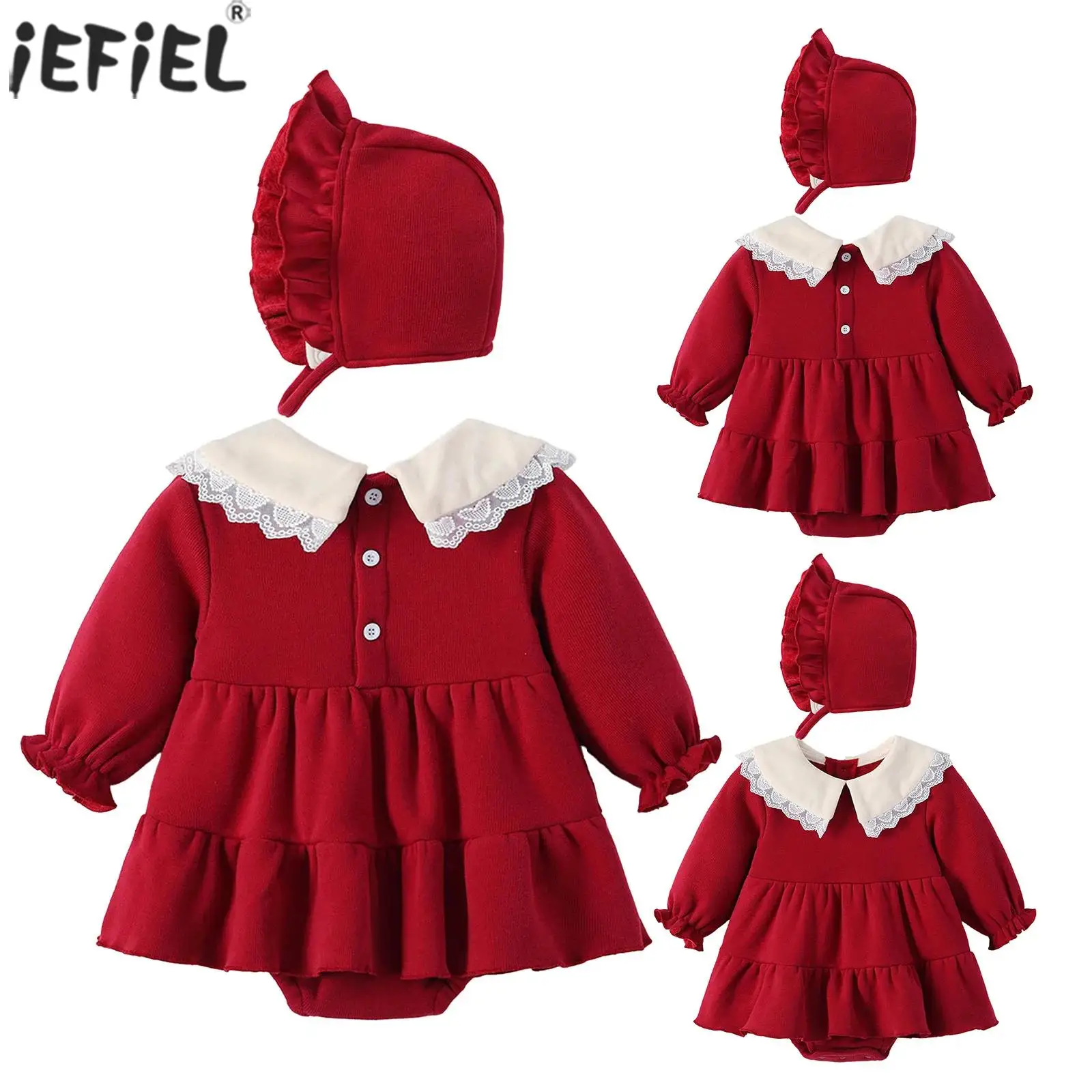 

Infant Baby Girls Long Sleeve Button Closure Ruffled Romper Dress with Hat Spring Fall Clothes Outfits for Baby Shower Party