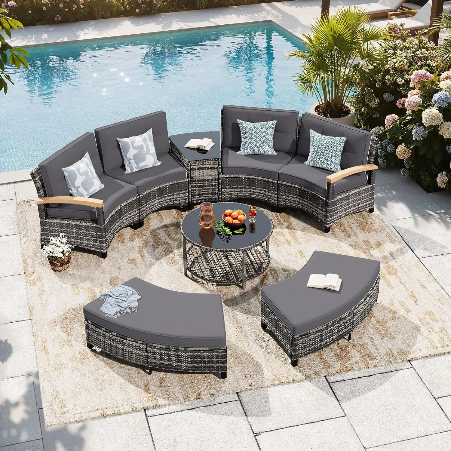Half-Moon Curved Outdoor Patio Sectional Sofa Set with Ottomans Coffee & Side Tables for Backyard Deck Garden, Customized