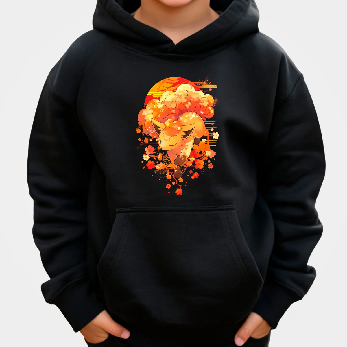 Sudadera con capucha de algodón de Anime Pokemon, Color negro con estampado de personajes de salpicaduras en rosa y azul, ropa de calle informal cálida y holgada para otoño e invierno