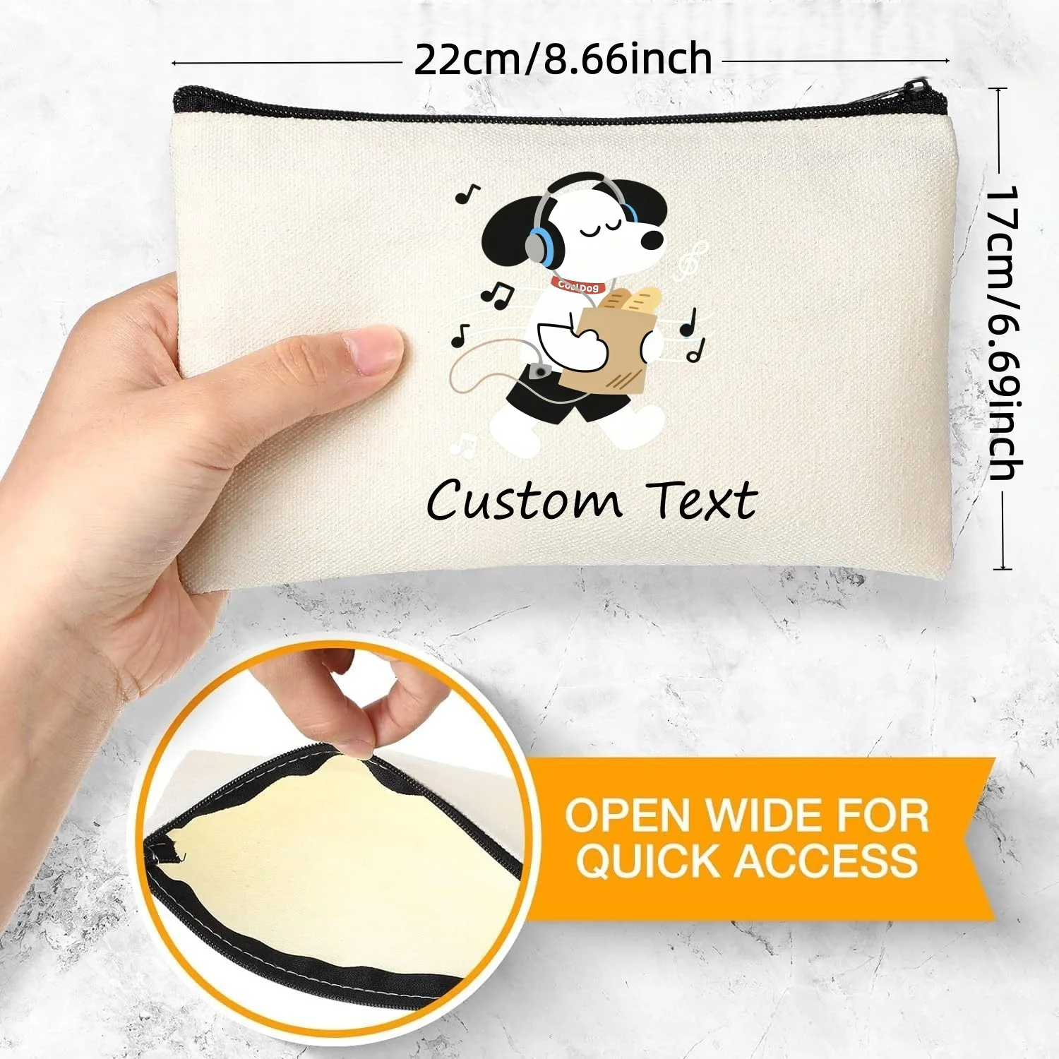 1PC Custom Text Cute Music Dog With Headphones Cosmetic Bag Personalized Canvas Zipper Makeup Pouch