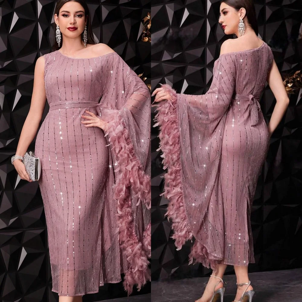 Exquisite High Quality Sparkle Chiffon Feather Sequined Ruched Evening A-line One-shoulder Bespoke Occasion Gown Midi Dresses