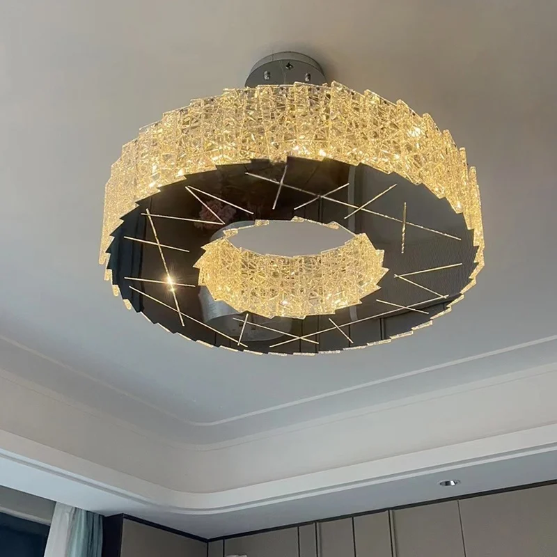 Modern Minimalist Crystal LED Ceiling Light Circular Living Room Light Kitchen Island Chandelier Bedroom Lustre Lighting Fixture