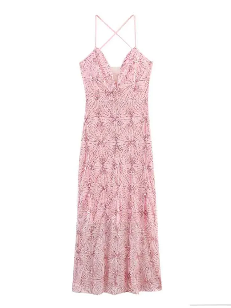 

European style new women's fashion versatile temperament sequin lace-up tube top long fishtail dress
