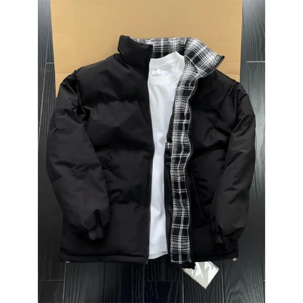 

Black Plaid down Cotton Jacket Men's Winter Thick Warm Bread Style Short Coat Youth Fashion Warmth Stand Collar Casual Wear