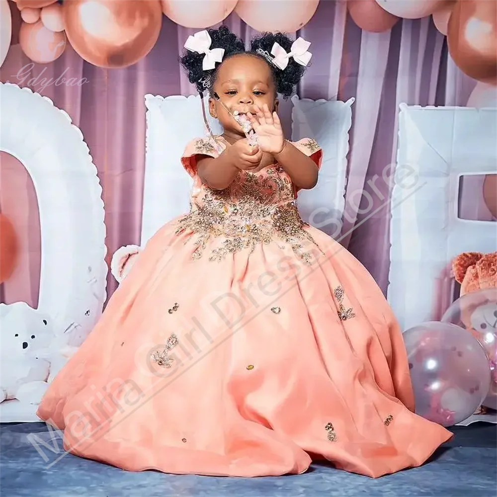 Peach Pink Flower Girl Dress For Wedding Party Customized Princess Piano Performance Host First Communion Dress