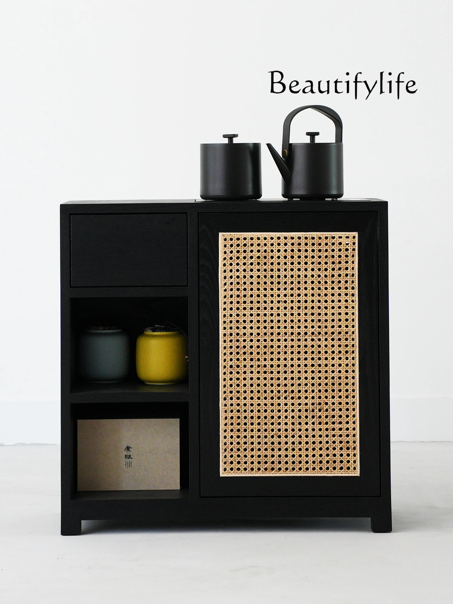 Simple Retro Solid Wood Living Room Tea Cabinet Side Kettle Integrated Rattan Water Boiling Table