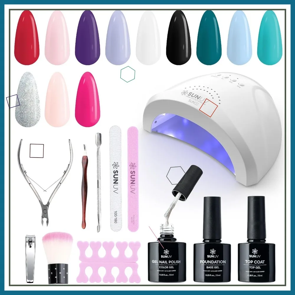 مجموعة طلاء أظافر جل كاملة مع ضوء الأشعة فوق البنفسجية، مجموعة مانيكير احترافية مكونة من 12 لونًا مع أدوات أساسية ومعطف علوي #1