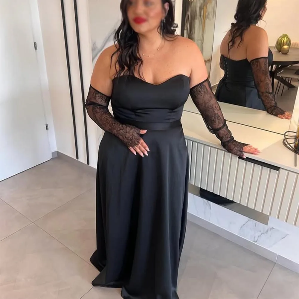 

Black Satin Evening Dress Plus Size Sweetheart A Line Elegant Evening Gowns for Women Lace Gloves Backless Corset Prom Dresses