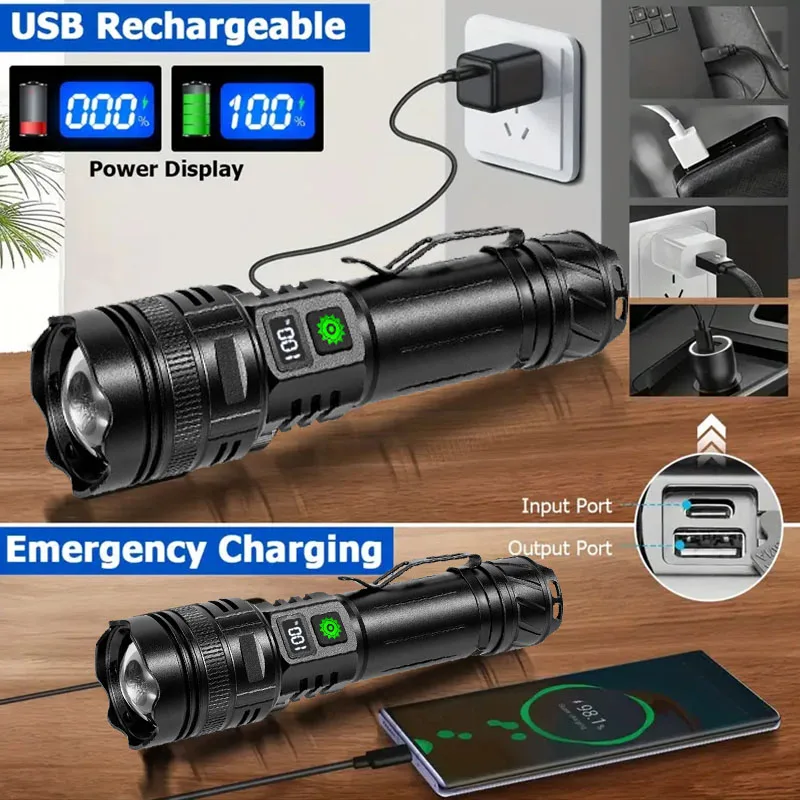 مصباح يدوي LED عالي الطاقة من النوع C USB قابل لإعادة الشحن طويل المدى شعلة تكتيكية مصباح ضوء قوي في الهواء الطلق ضوء فلاش قوي للغاية