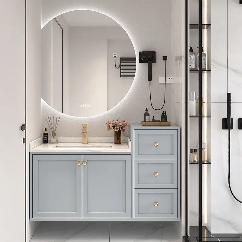 

Французский комбинированный шкаф для ванной комнаты из массива дуба в скандинавском стиле, простой, высокий и низкий, с интеллектуальной раковиной.