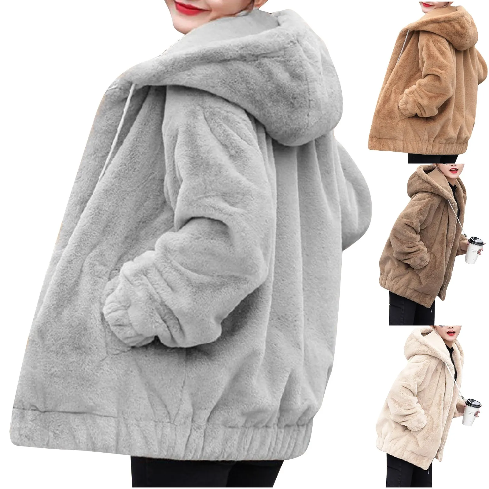 New Plush Faux Rabbit Hooded Jacket Women Winter Zipper Warm Fleece Outerwear Women Chic Loose Thicken Fluffy Coat Female