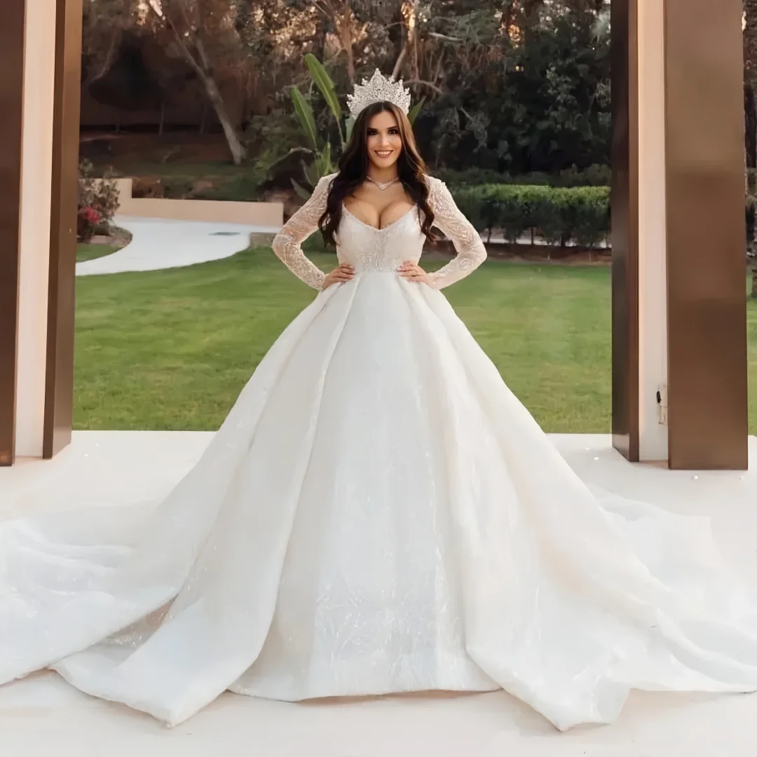 Customized Exquisite V-Neck Wedding Dresses Lace Shining Brightly Beaded Princess Bridal Gown Bride Women Clothing Train