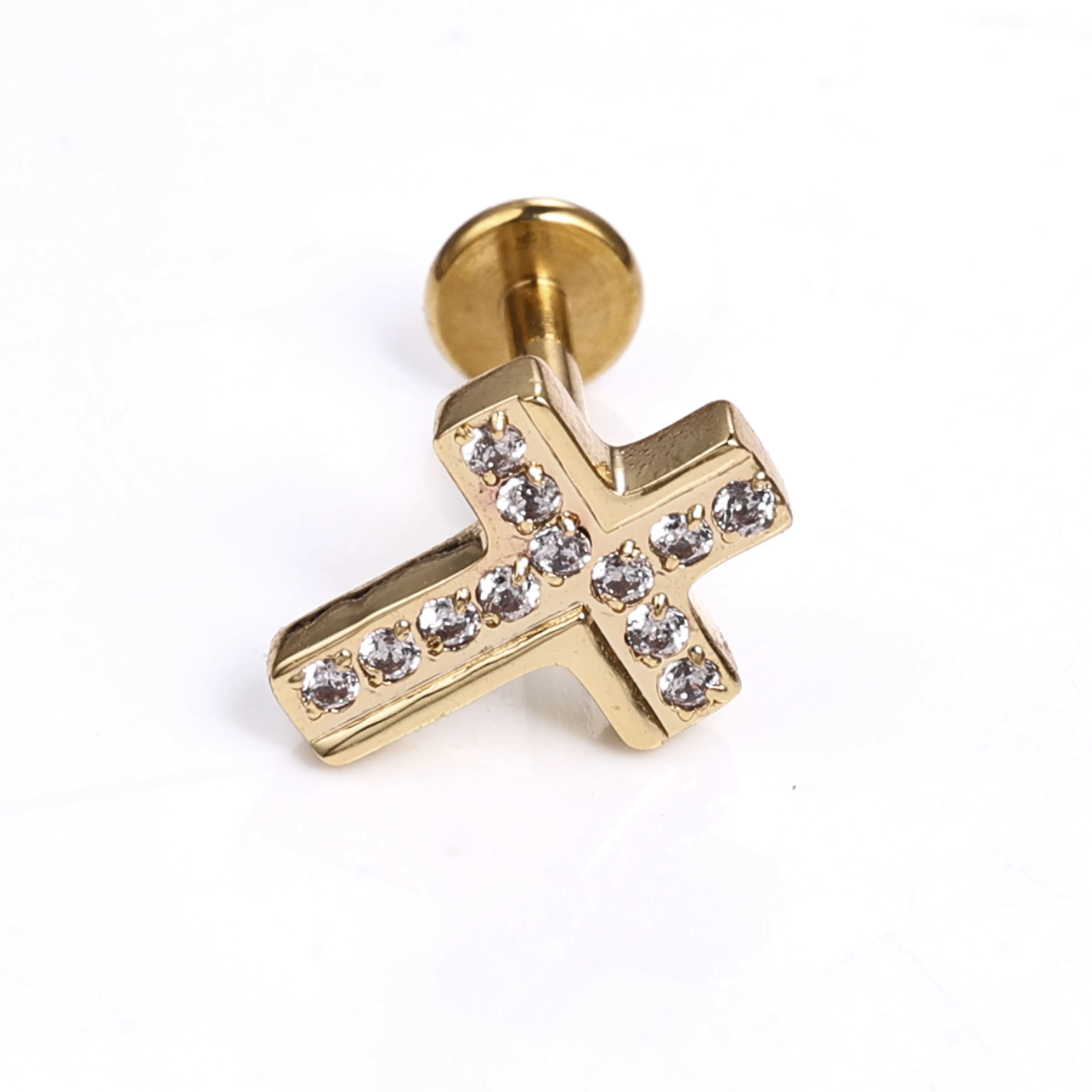 1 Piece of Overall Stainless Steel, Fashionable and Simple Ins Style, Personalized Zircon-Inlaid Mini Cross Lip Ring, Lip Stud, Ear Cartilage Stud, Body Piercing Jewelry