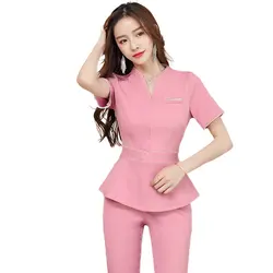 Salão de beleza feminino Verão Roupas de Esteticista, Spa Massagista Uniforme, Técnico Hotel, Recepção Roupas de Trabalho, Top e Calça Terno