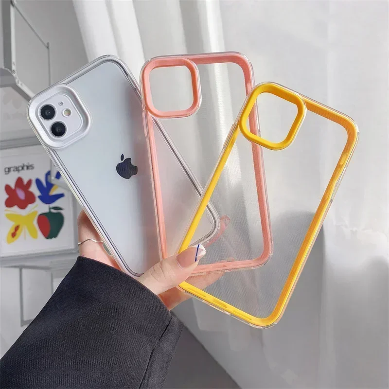 

Transparent Shockproof Phone Case For iPhone 11 12 13 14 15 Pro Max X XR XS 7 8 Plus SE 20 Candy Color Frame Hard PC Back Cover