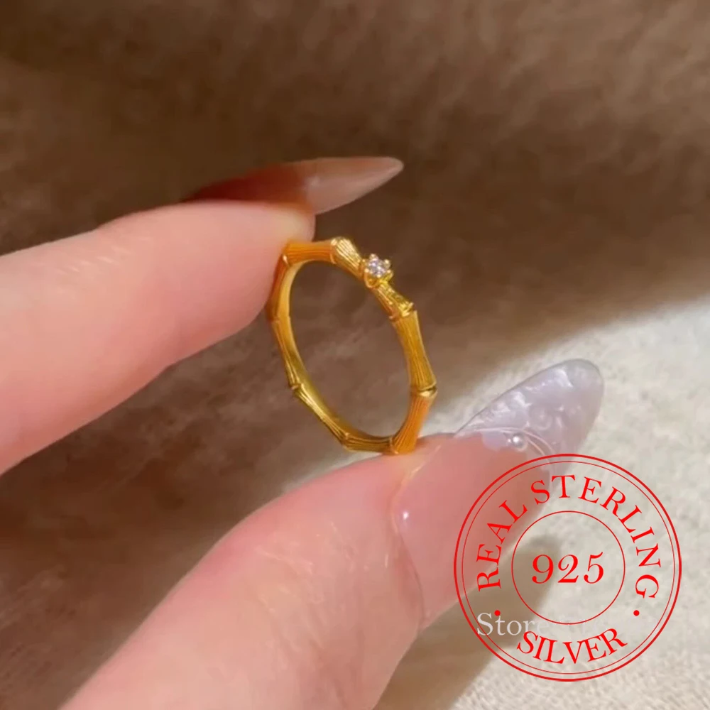 925 Sterling Silver Jewelry 24K Gold Plated Bamboo Joint Open Finger Rings for Women Wedding Party Jewelry For Girls Friend Gift
