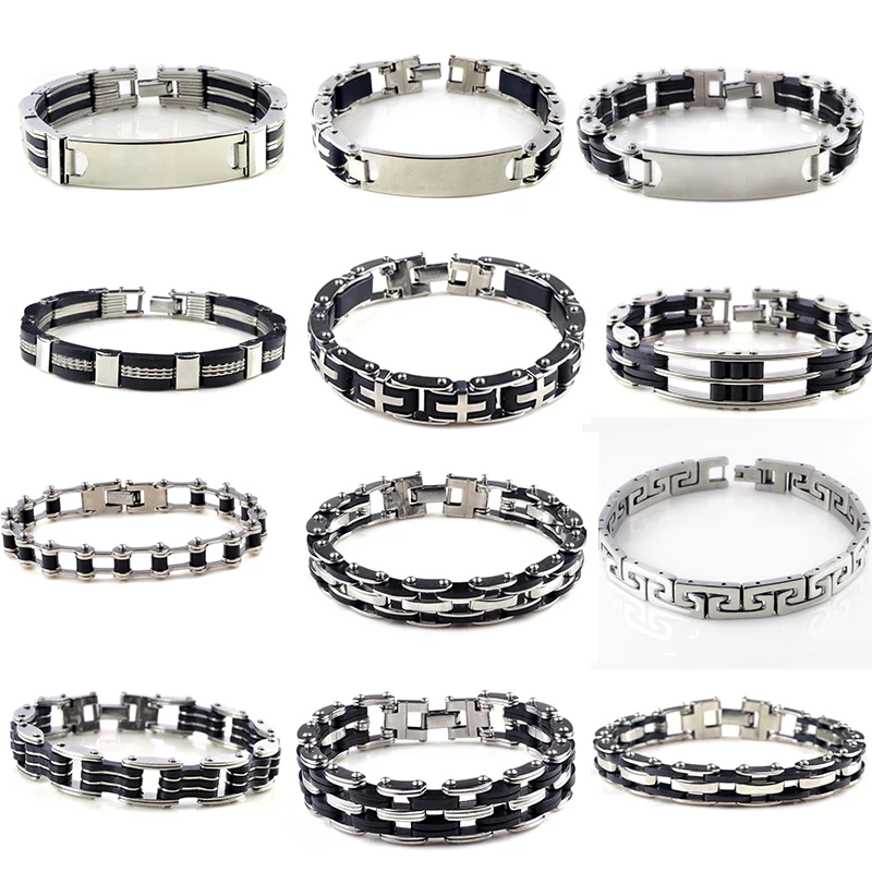 Men Stainless Steel Link Chain Bracelets & Bangles Men\'s Cuff Wristband Biker Motorcycle Black Silicone Bracelet