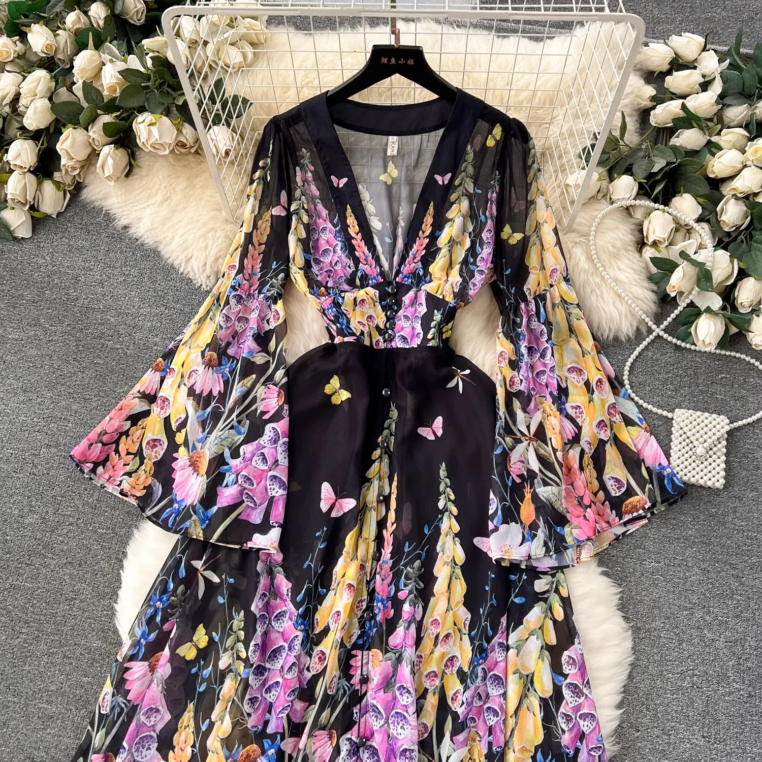 Zomervakantie Prachtige Bloem Chiffon Ruches Cake Jurk Dames V-Hals Flare Mouw Bloemenprint Boho Robe Lange Vestido 6230