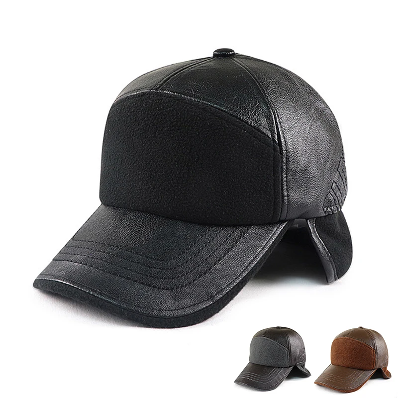 

Winter Hat Men PU Leather Bomber Hat Women Warmth hat with brim Baseabll Cap for Male Fleece-Lined Earflap Cap Men Russian Cap