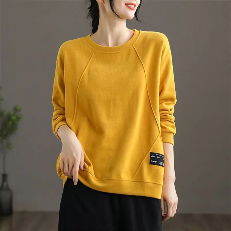 Women\'s Korean Fashion Appliques Simple Casual Sweatshirt Autumn Solid Round Neck Long Sleeve Loose Pullover Tops Ropa De Mujer