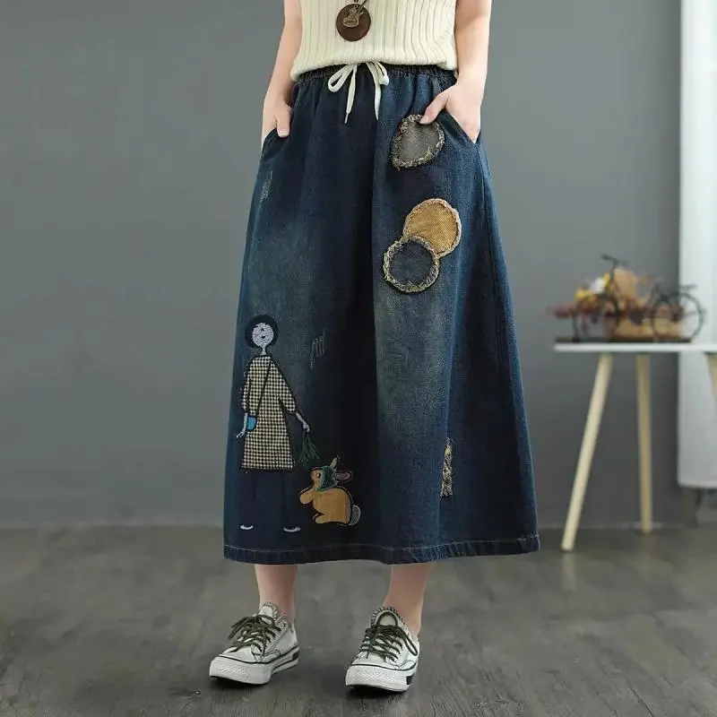 Women's Vintage Washed Denim Wide Leg Culottes Elastic Waist Drawstring Patchwork Embroidery Loose Fit Casual Skirt Pants