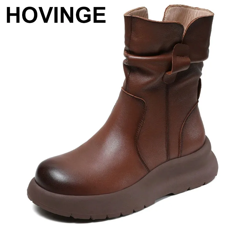 

Ботинки до середины икры из коровьей кожи, женские осенне-зимние плюшевые теплые ботинки на плоской подошве, плиссированные женские ботинки без шнуровки в стиле ретро