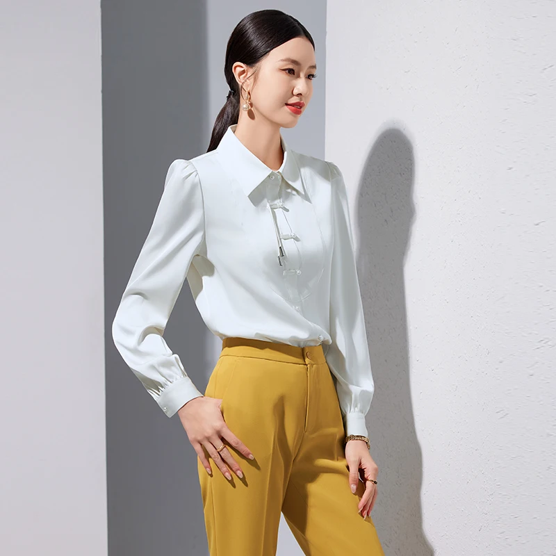 NAVIU Women\'s Clothing Vintage Chinese Style Button Up Shirt Office Lady Elegant Commuting Blouse Solid Long Sleeve Loose Tops