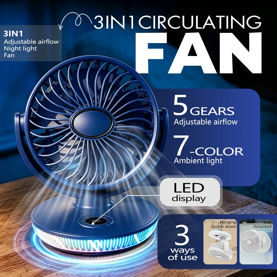 Multifunctional Desktop Fan, 5 Speeds, 7 Color LED, 1-8H Timer, LED Screen, Hanging/Wall/Desk 3-in-1, Quiet Strong USB Fan