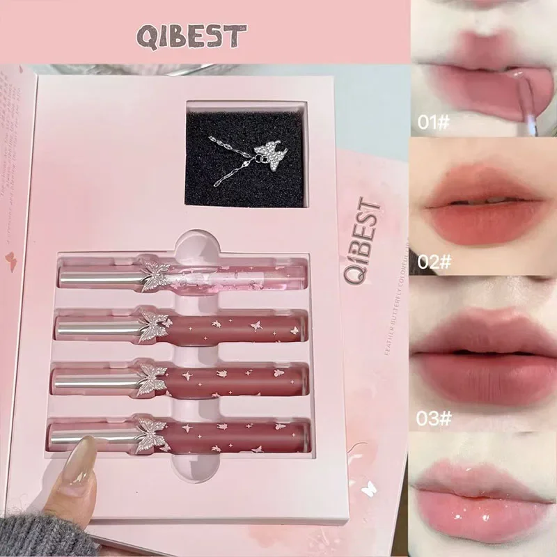 QIBEST Nieuwe 4 stuks Zachte Lipkleuren Make-up Kits Omvatten 3 * Matte Vloeibare Lipstick En 1 * Lippenbalsem Olie Cosmetische Sets Met Ketting Cadeau