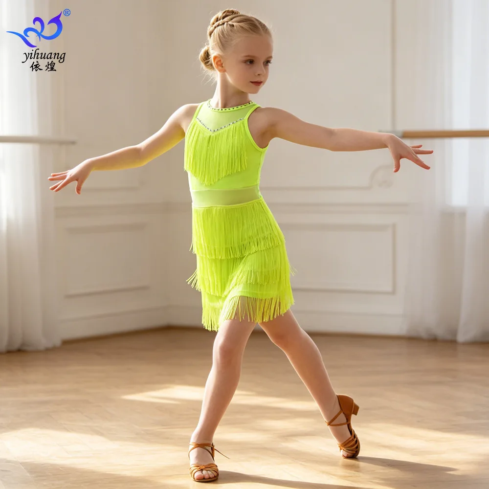 

1pcs/lot girl fashion tassel latin dance dress girl o-neck sleeveless new style cha cha performance dress