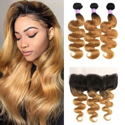 Bundles de cheveux humains Body Wave avec fermeture à dentelle, couleur blonde ombrée, tissage brésilien, 3 faisceaux, 13x4