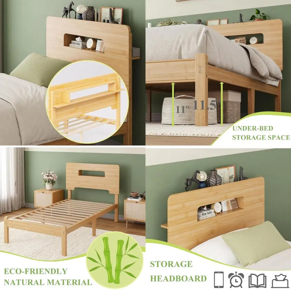 Solid Bamboo Wood Twin XL Bed e with Storage board, 14 inch Platorm Twin XL Bed es No Box Spring Needed with Steel Slats,