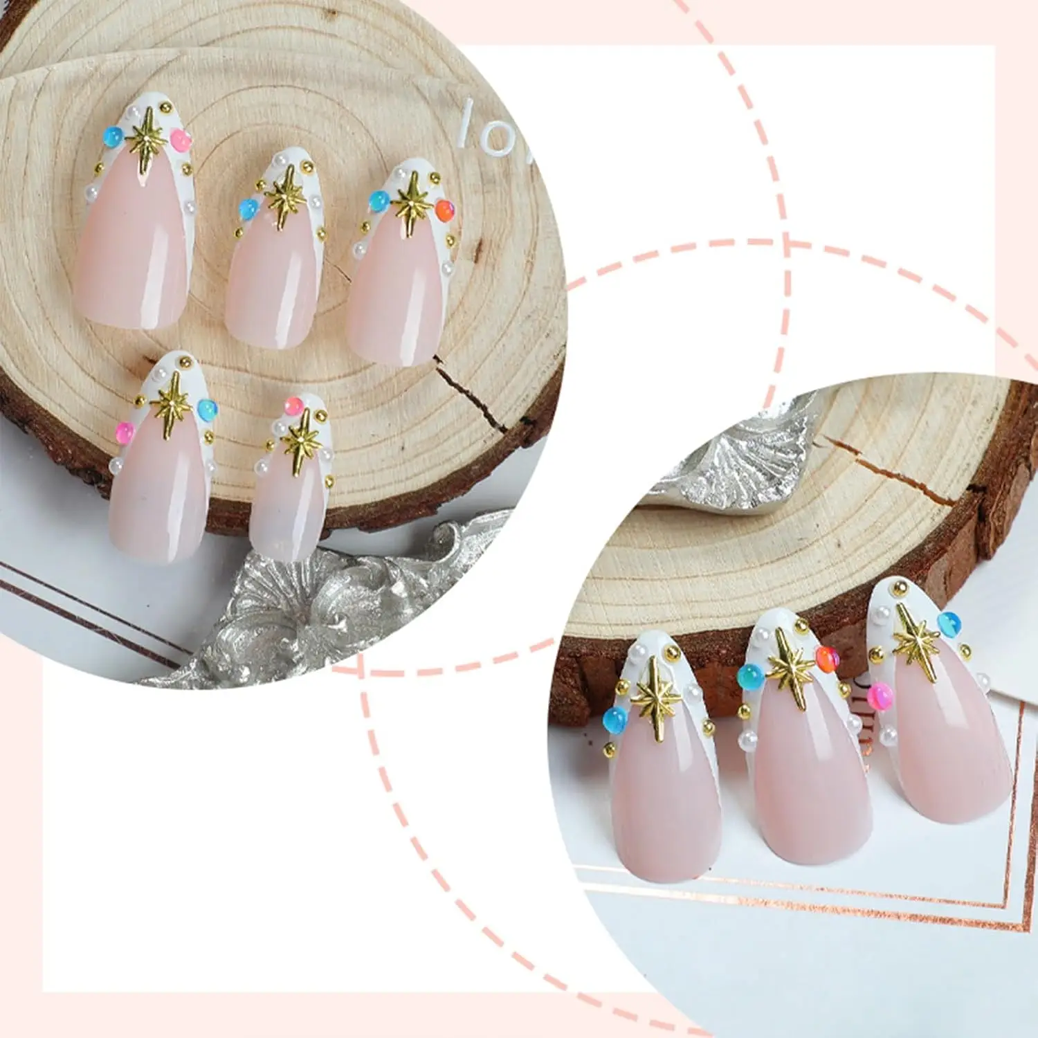 24Pcs Cute Star Candy Color French Pearl Full Cover Fake Nails Colorful Ins Pearl Wearable Nail Iridescent Diamond False Nails
