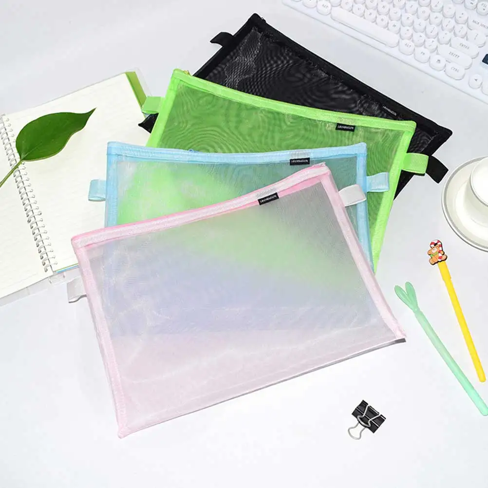 4 Pcs Stationery Storage File Bag Mesh Zipper Pencil Case Document Folders Office