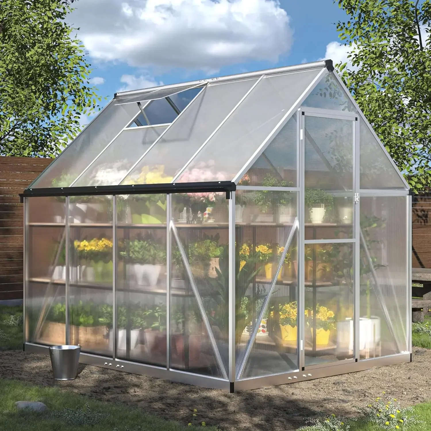 6x8/8x10  FT Greenhouse for Outdoors, Large Polycarbonate Greenhouse with Updated Frame Structure Roof Vent and Lockable Doors