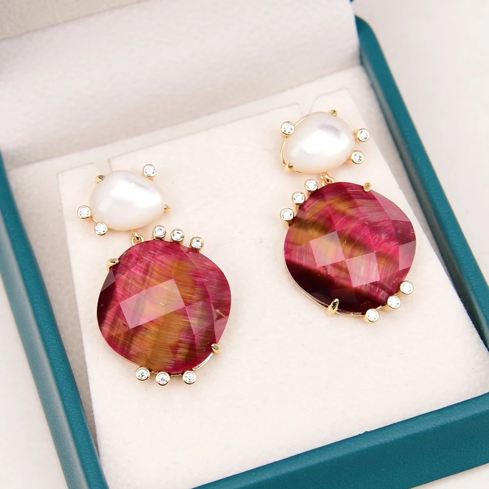 GG Natural Stone Faceted Mix Color Fuchsia Tiger eye CZ Paved Gold Plated White Sea Shell Stud Earrings Women Simple Gifts