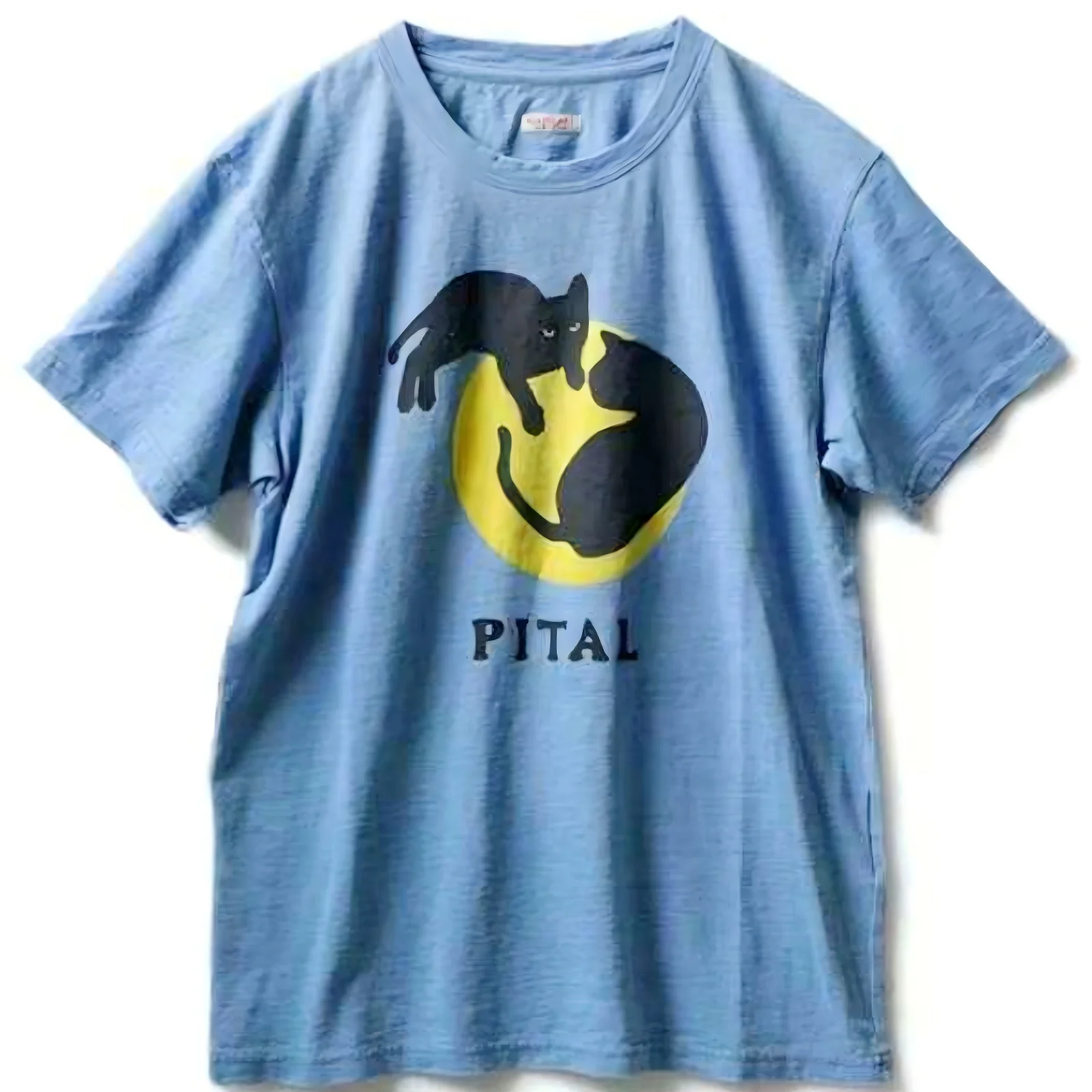 Japanese Vintage Black Cat Moon Print T-Shirt Blue Dyed Casual Cotton Short Sleeve Tees Unisex
