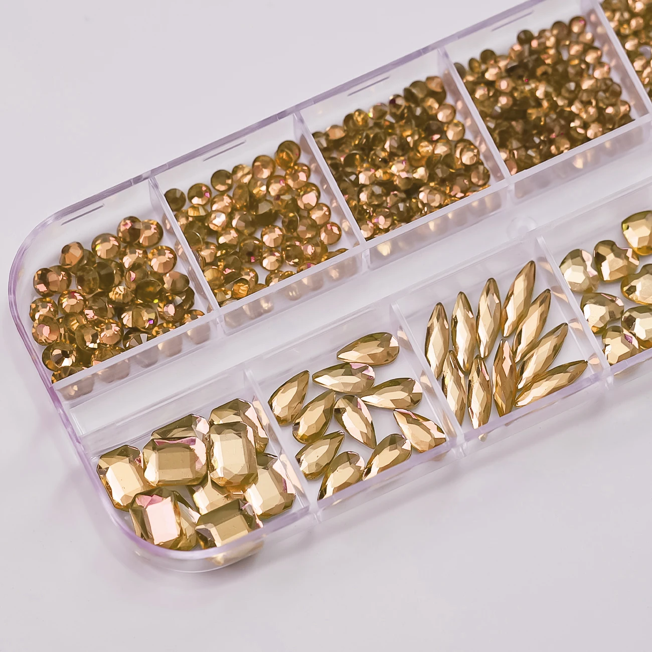 1080 ピース/箱シャンパンゴールデン高級ネイルアートラインストーン混合形状クリスタル + SS6-SS30 ラウンドネイルダイヤモンド DIY シャンパンネイル宝石