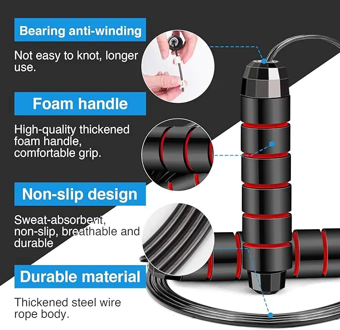 Jump Rope Anti-Tangle Fast Jump Rope Cable with Ball Bearings for Women Men and Kids Adjustable Steel Jump Rope Workout with Foa