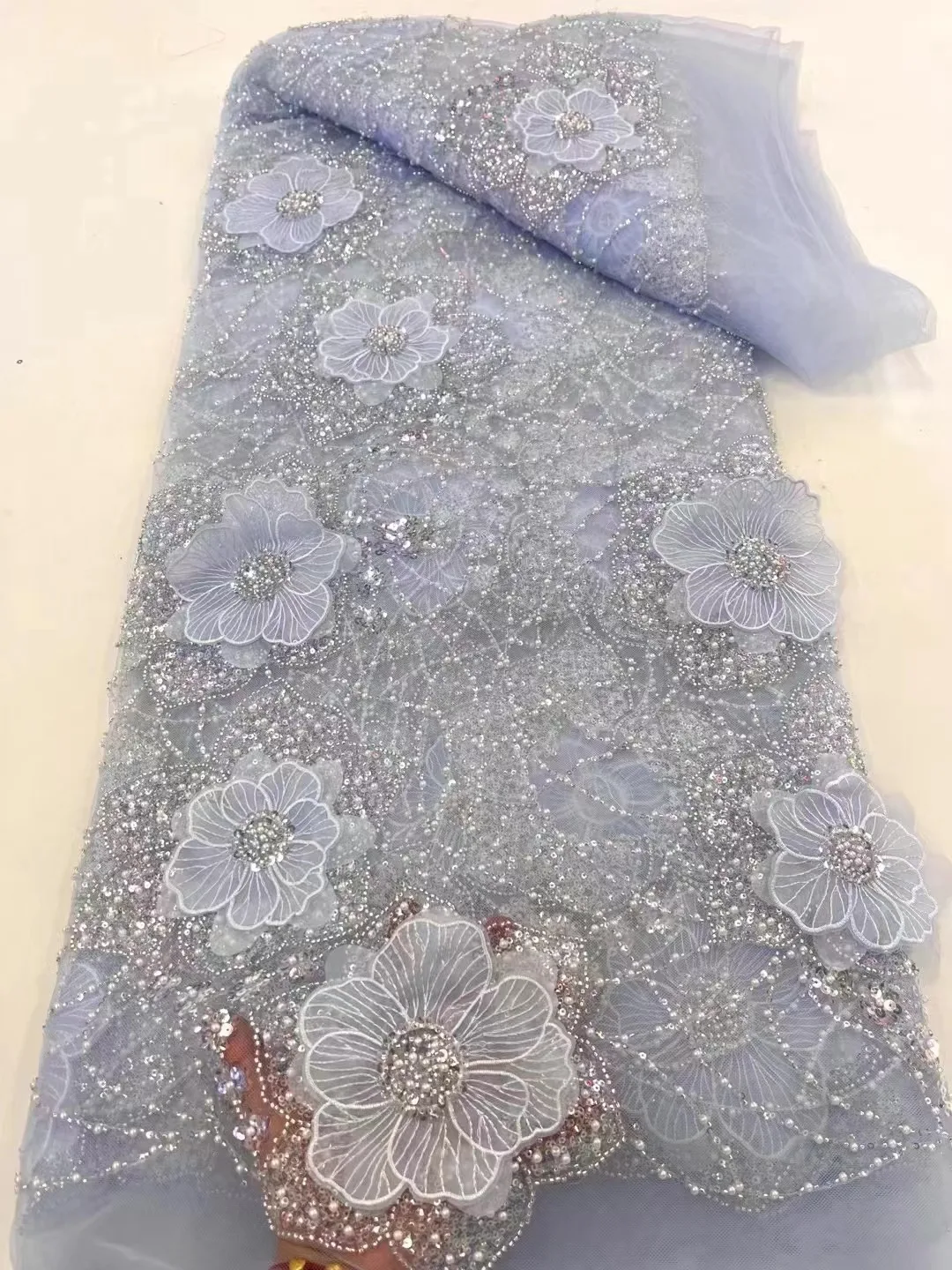 

Luxury African Beads Lace Fabric 2024 High Quality French Groom Embroidery Sequins Lace Fabrics For Christmas Sewing