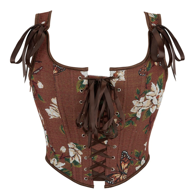 

Элегантный коричневый корсет в стиле ретро, укороченный топ, жилет, женский жилет с цветочным принтом, боковая молния, бюстье, майки, готический корсет, вечерние, сексуальная одежда