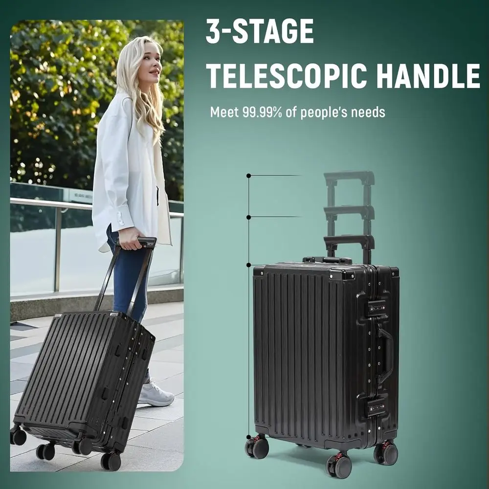 24 TSA-Lock Aluminum Frame Suitcase with Spinner Wheels, Cup Holder, Lightweight for Travel, Black