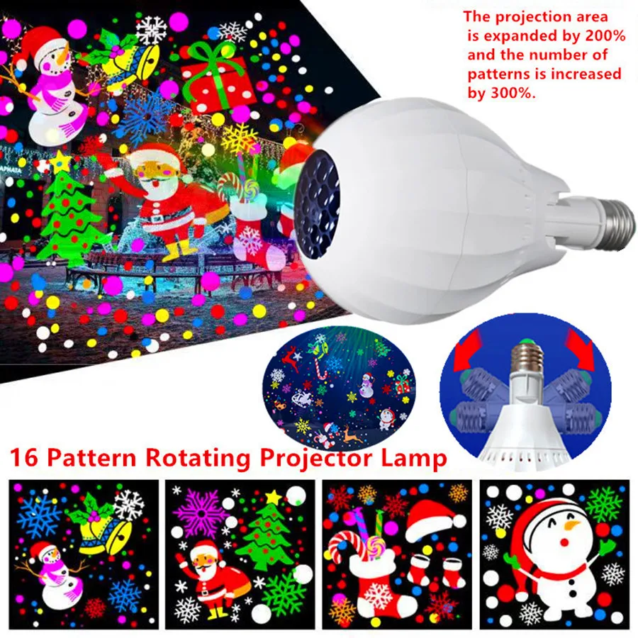 Christmas Projector Lamp 16 Patterns, Christmas Decorative Lighting E27 Lamp Holder for Christmas Holiday Party Carnival Wedding