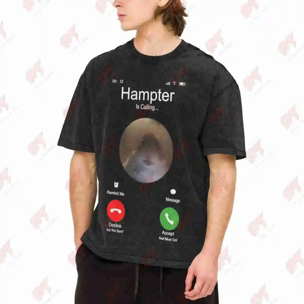 Hamster Phone Call Oversized Vintage Washed Tee Pure Cotton T-Shirt