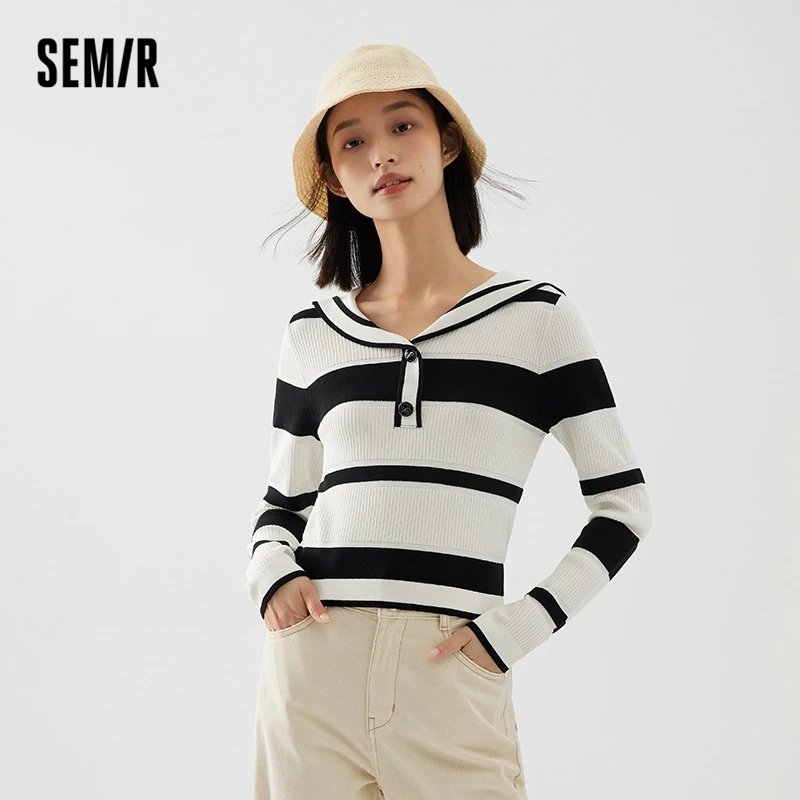 Semir 2023 Women Sweater Large Lapel Striped Shirt College Style Youth Autumn New Slim Pullover Art Sweater for Women