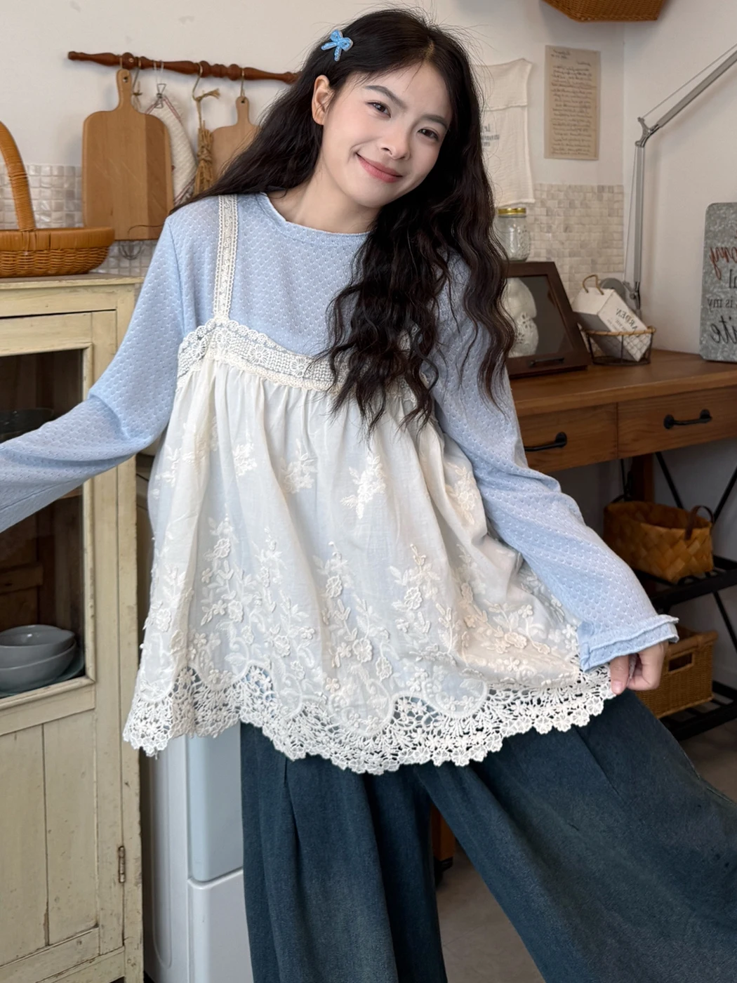 

plus Size Women's Spring Faion Set Korean Sle Embroidered Base T-irt with Small Strap Denim Pants High Waist Long Pants