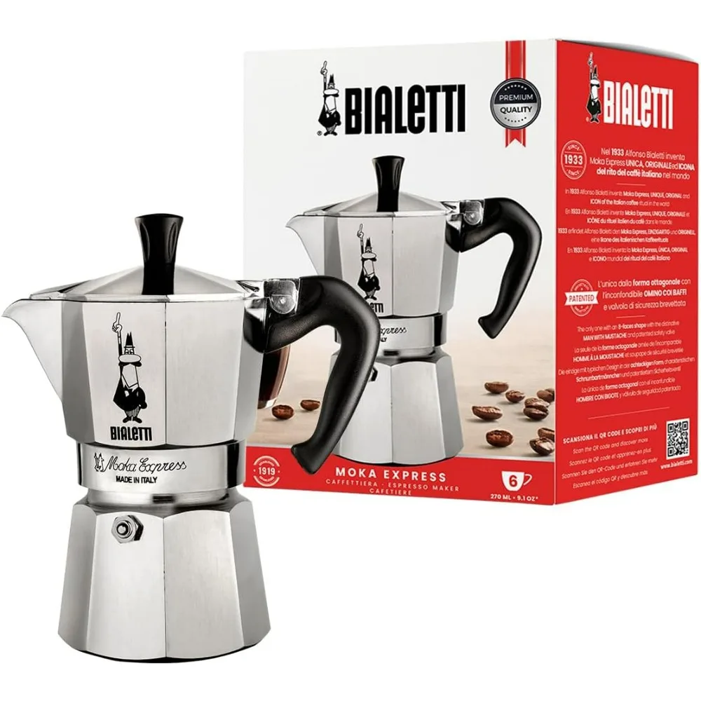 Moka Express Iconic Italian Stovetop Espresso Maker (Natural Silver, 6 Cups)