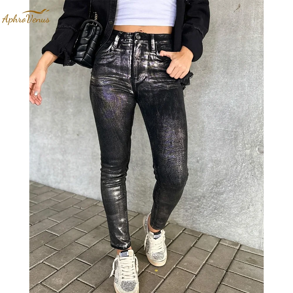 Fashion Mid Waist Women Metallic Black Skinny Jeans Casual Bottoms Zipper Fly Solid Daily Denim Pants Streetwear Long Pants