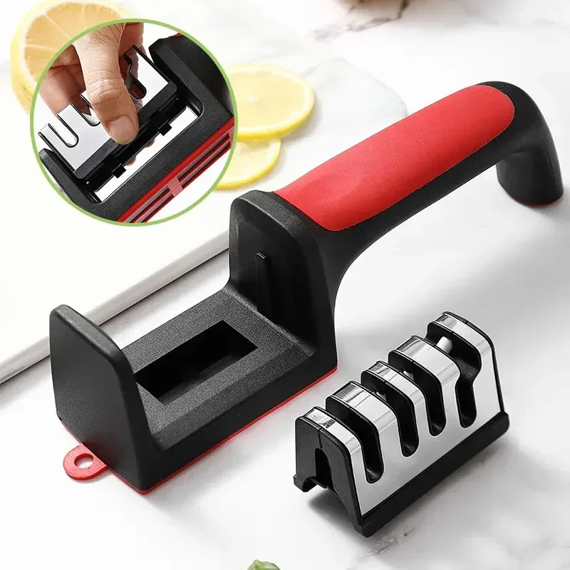 3/4 Segment Cutter Knife Sharpener Kitchen Handheld Three-purpose Sharpening Stone Tool with Non Slip Base Kitchen Knives